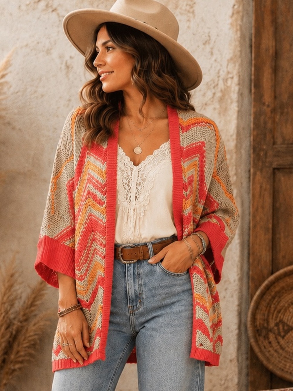 LOFT Orange & Beige Wool Blend Chevron Knit Cocoon Cardigan XS